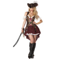 Burgundy pirate costume with corset bodice, tiered skirt, tricorn hat, and black boots