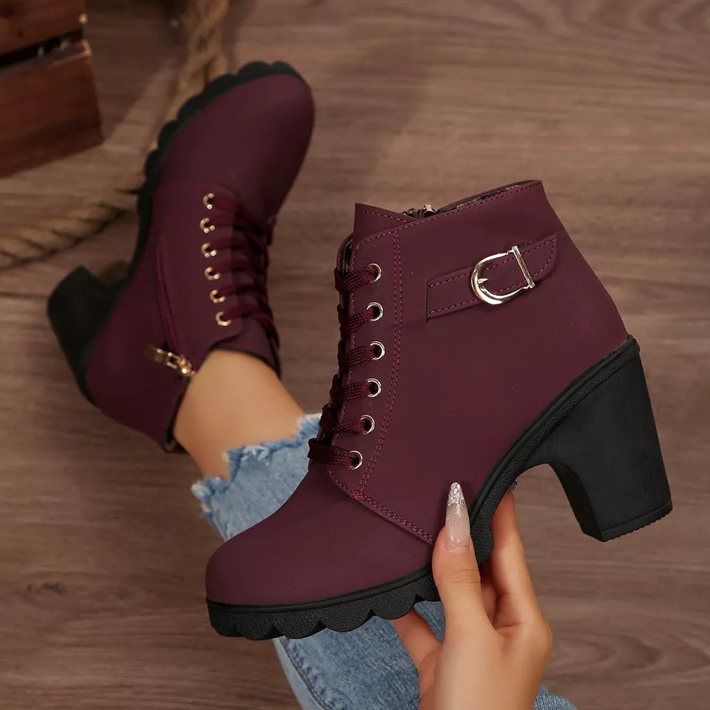 Burgundy lace-up ankle boots with chunky heel, side buckle and lug sole