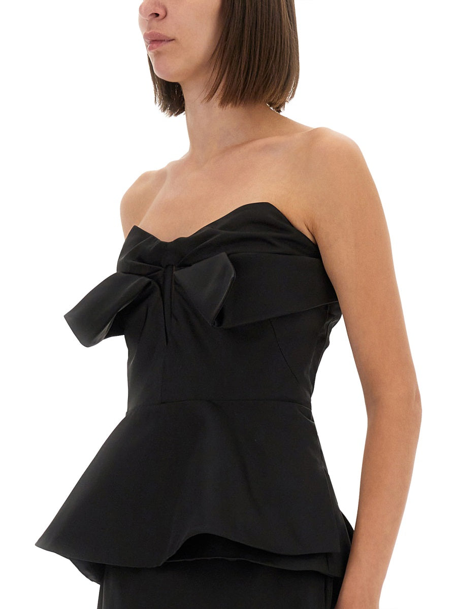 Alexander Mcqueen black strapless corset top with oversized bow and peplum ruffles