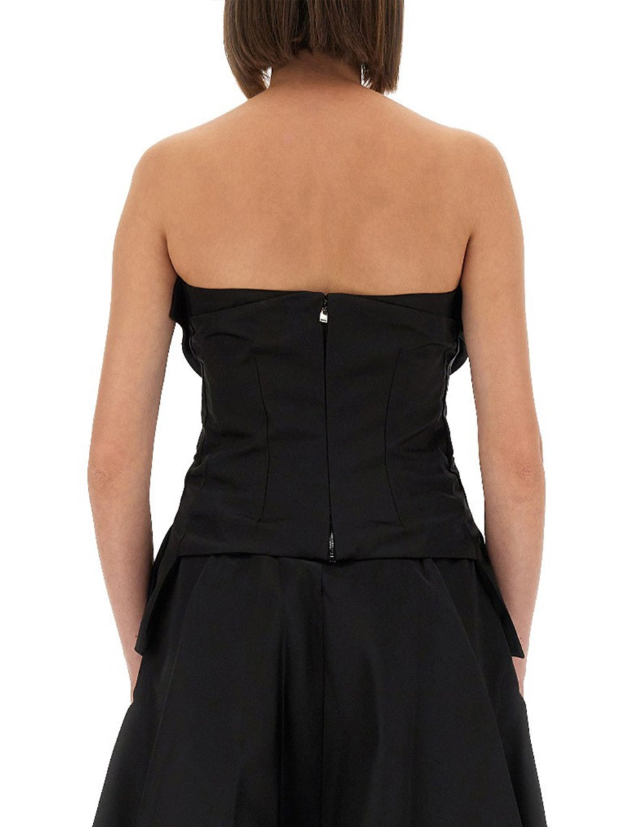 Alexander Mcqueen black strapless corset top back view with center zipper and peplum