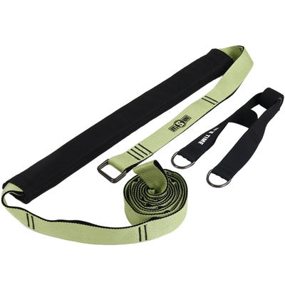 Black and light green yoga stretch band with black straps and metal buckles