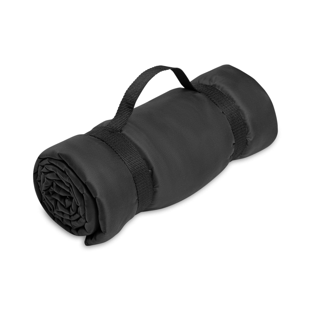 Rolled picnic blanket in dark gray with carry strap and buckle