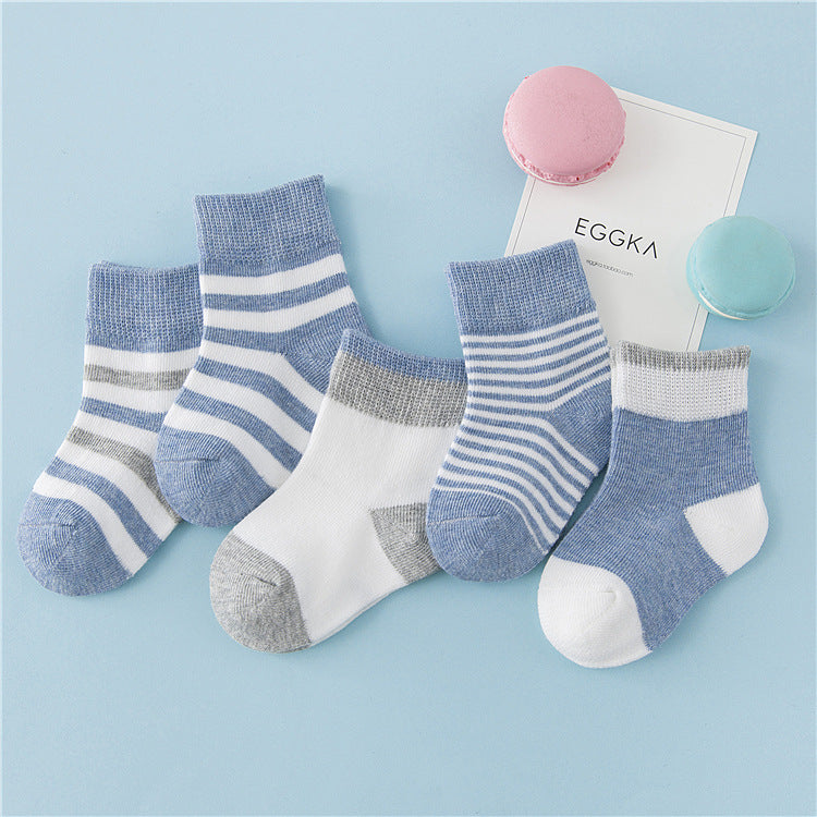 Children's winter cotton striped socks in denim blue, white, and gray with ribbed cuffs