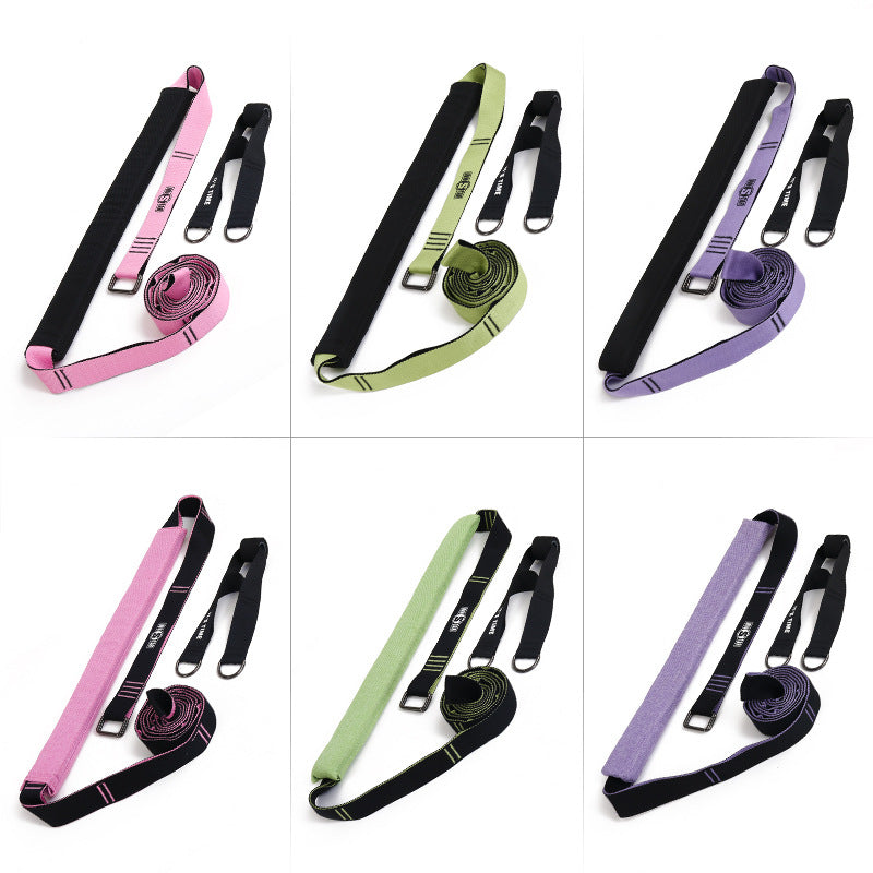 Set of yoga stretch bands in pink, green, and purple with black webbing