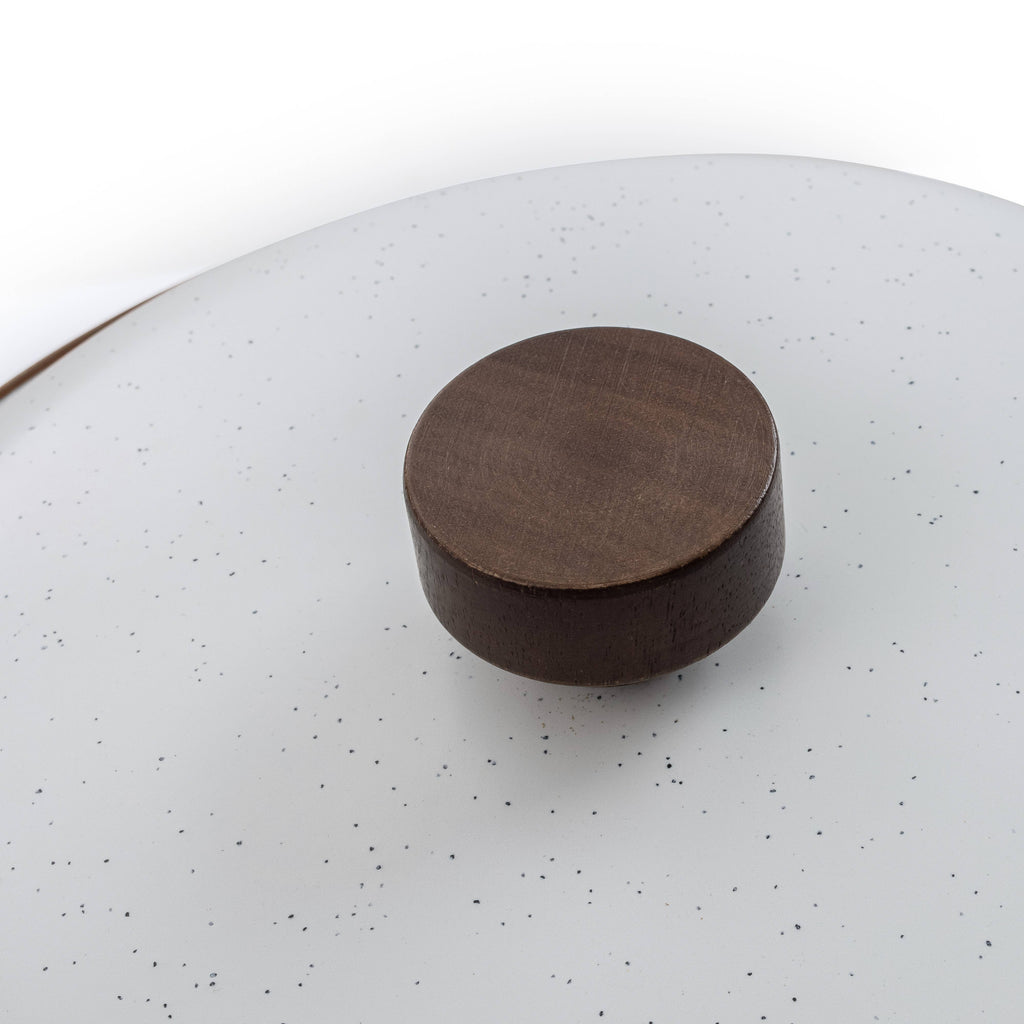 Enamel pot lid knob, dark brown round top on speckled white lid