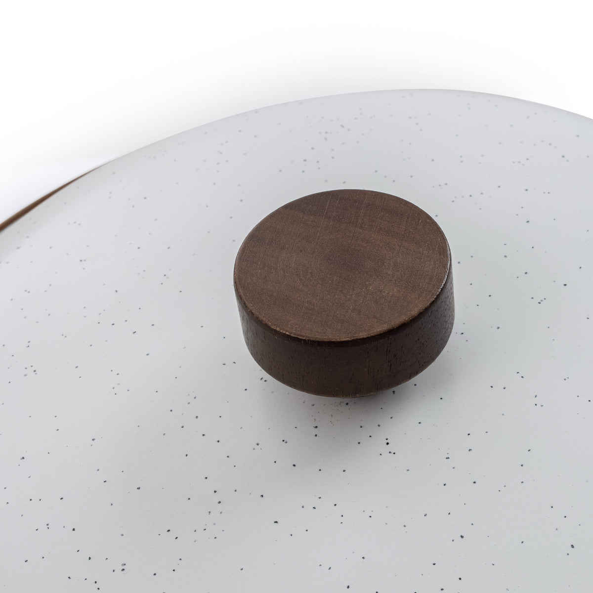 Enamel pot lid knob, dark brown round top on speckled white lid