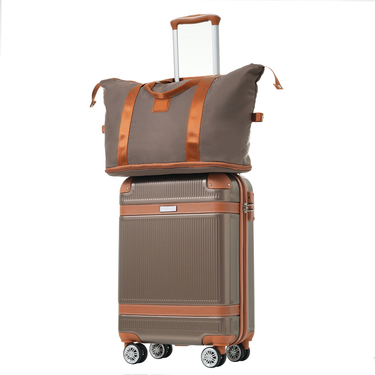 Gray copper-trim carry-on suitcase with mounted duffle bag on top