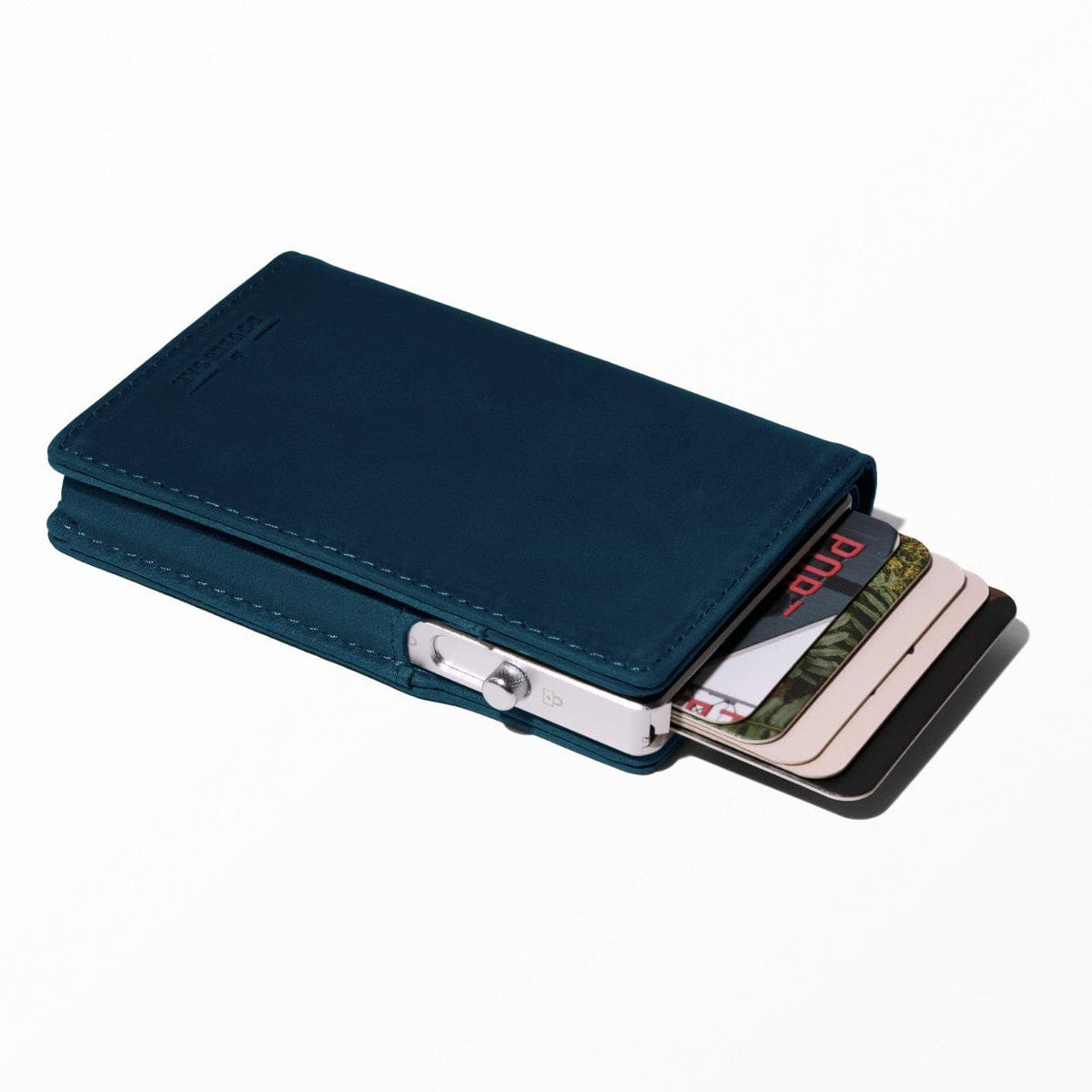 Blue leather bifold wallet with card slots and silver tone snap closure