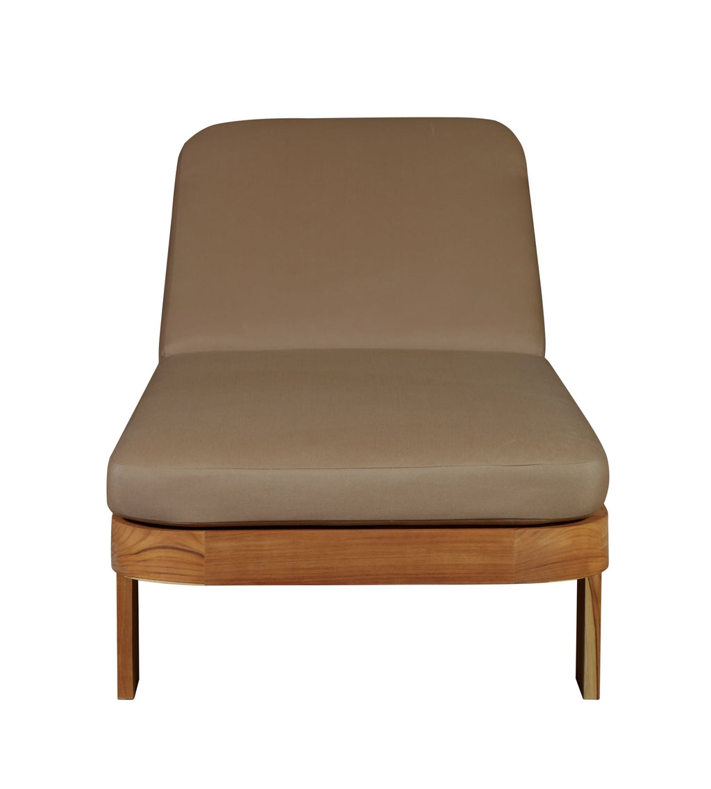 Outdoor teak wood sun lounger chair with light brown seat cushion