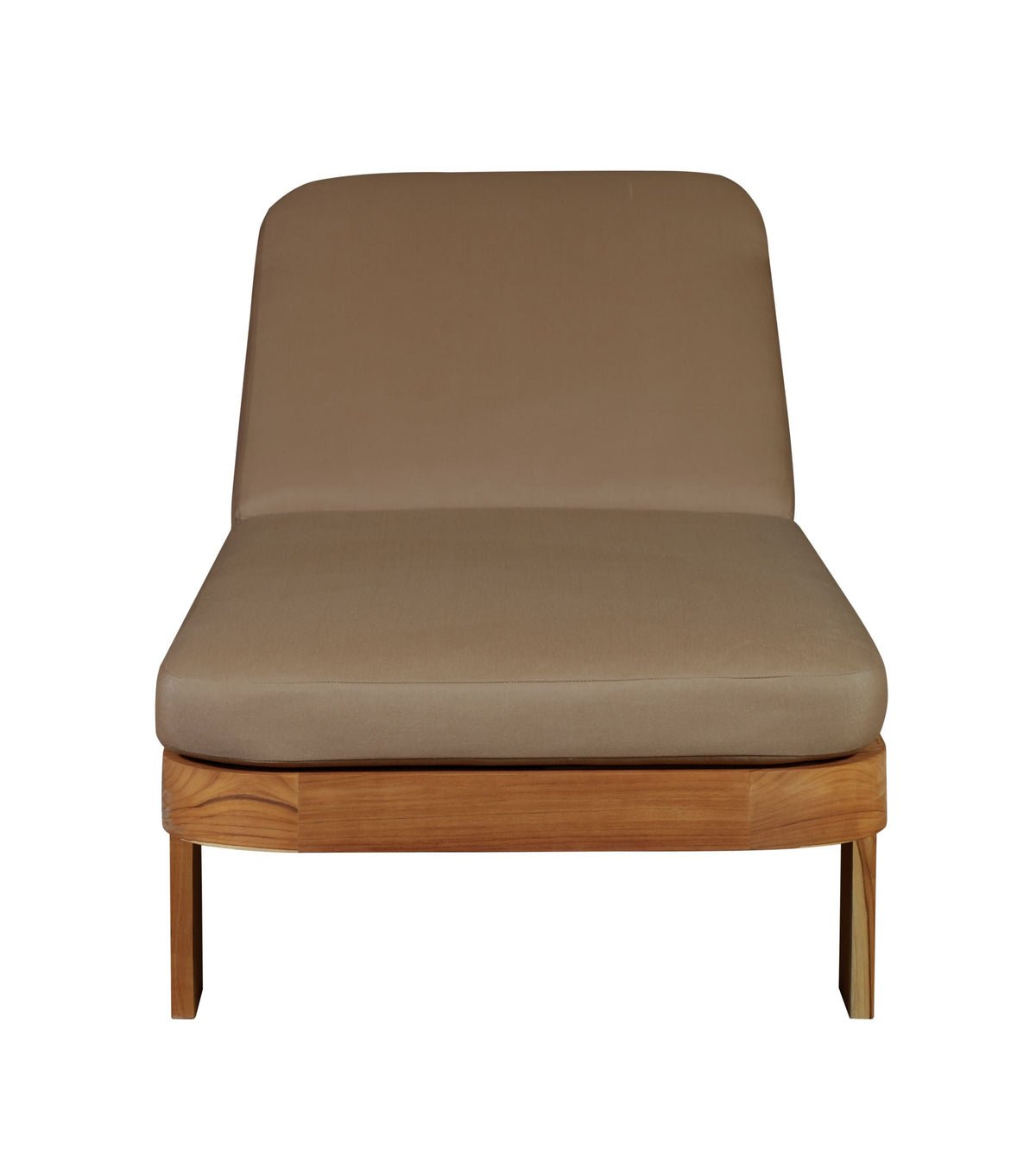 Outdoor teak wood sun lounger chair with light brown seat cushion