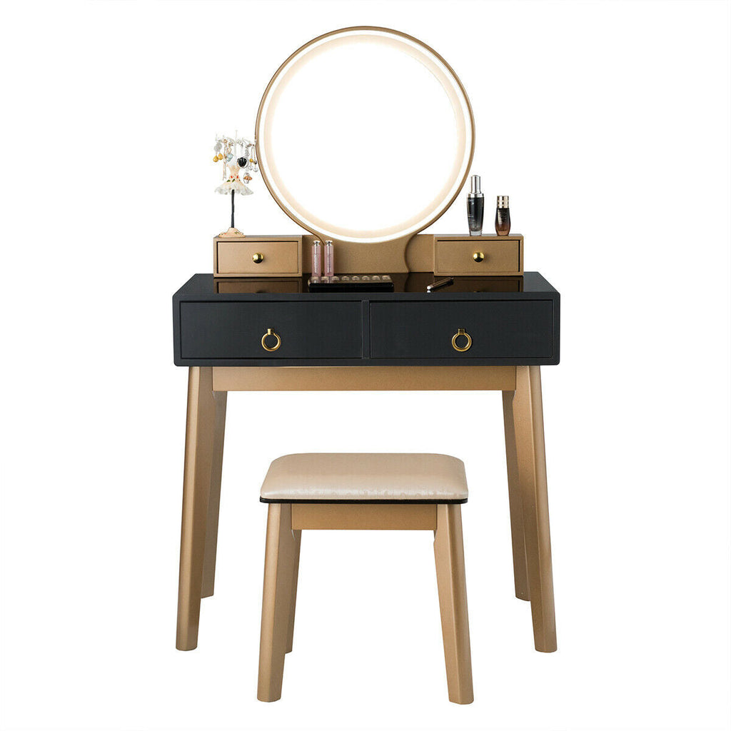 Makeup vanity table set with round LED mirror, black drawer base, and beige upholstered stool