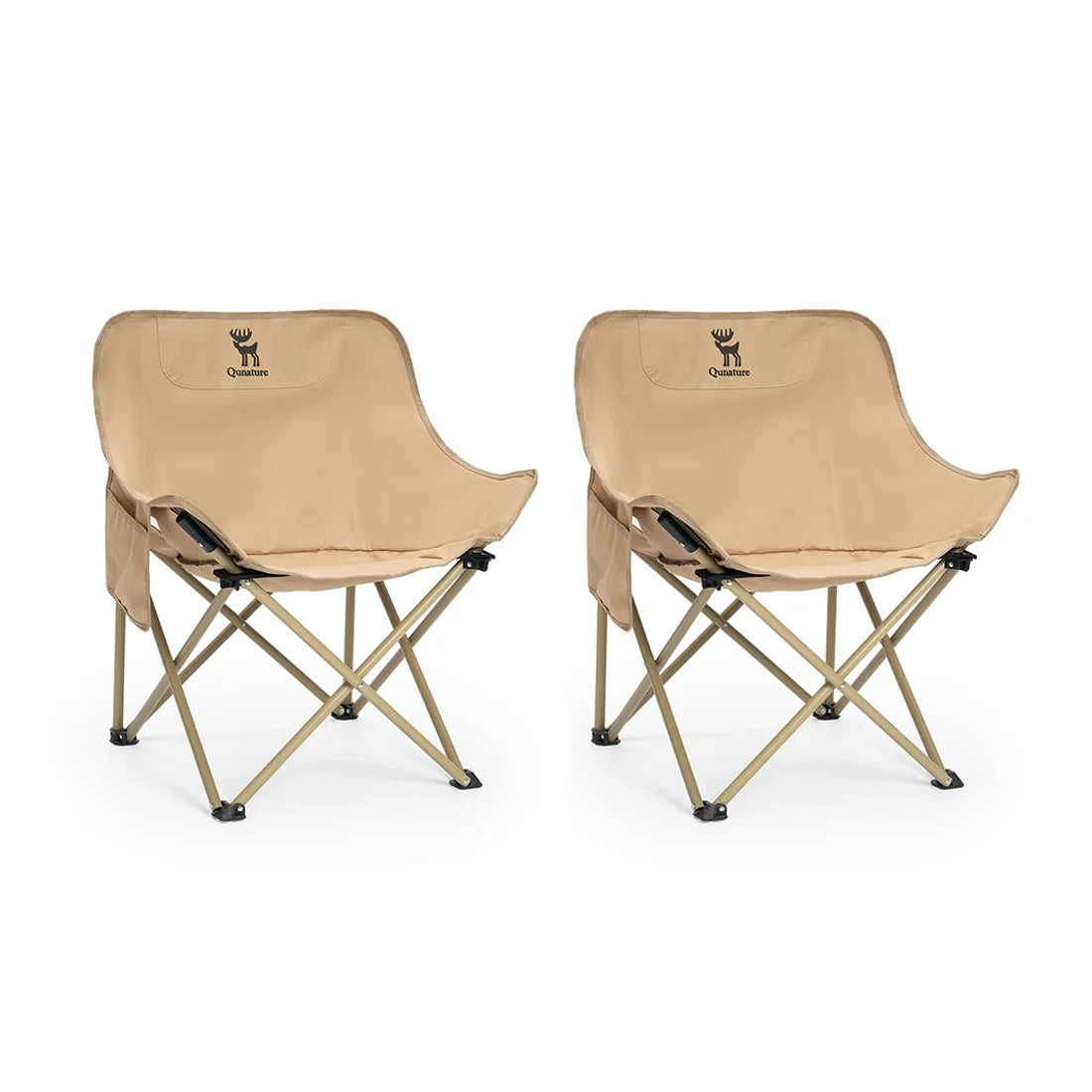 Pair of beige folding camping chairs with padded armrests and steel cross-brace legs