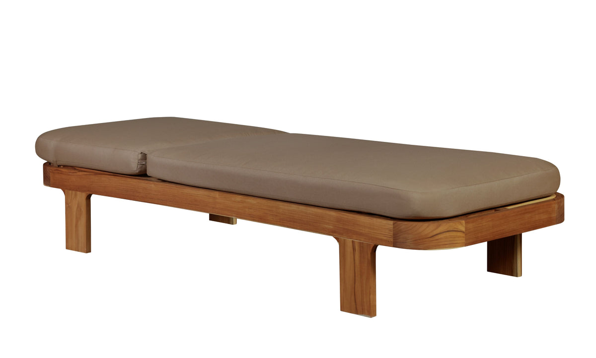 Outdoor teak wood sun lounger with light brown fabric cushion, reclined