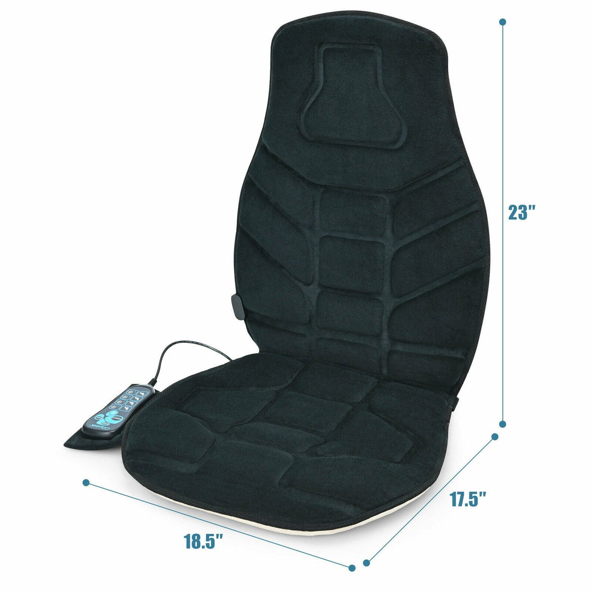 Black seat cushion massager with control remote and backrest padding, measured size.