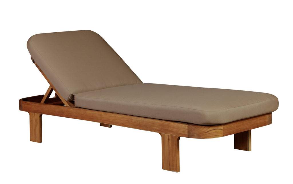 Outdoor teak wood sun lounger with light brown cushions and curved headrest