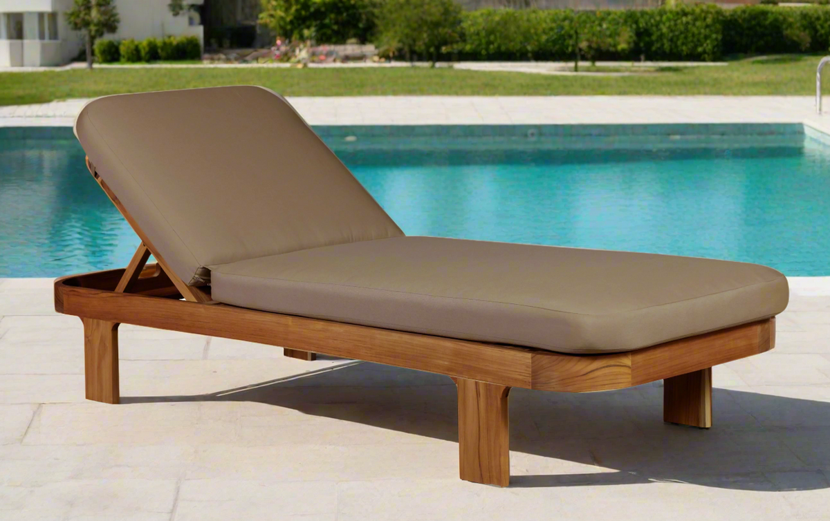 Outdoor teak wood sun lounger with light brown cushions, raised backrest