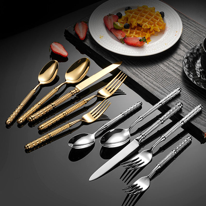 3CARATS embossed cutlery set featuring gold and silver forks, spoons, and knives