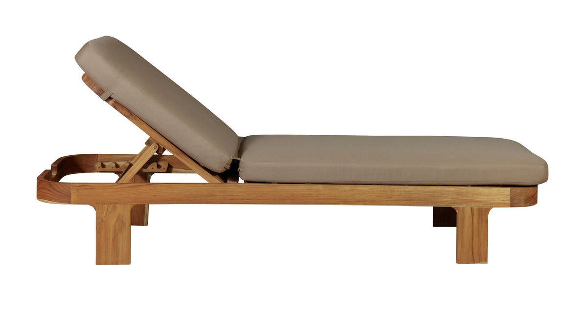 Outdoor teak wood sun lounger with adjustable reclining back in upright position