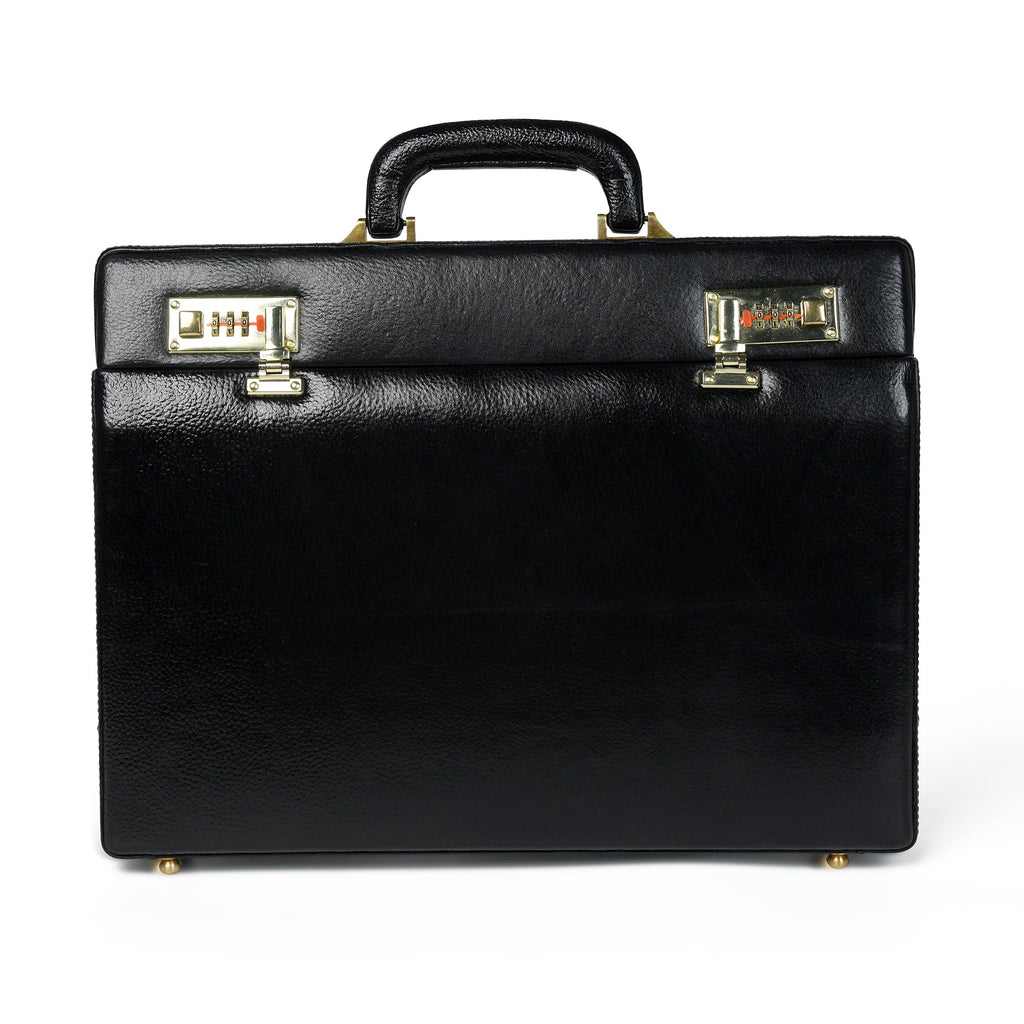 Black leather briefcase with top handle and gold-tone clasp hardware