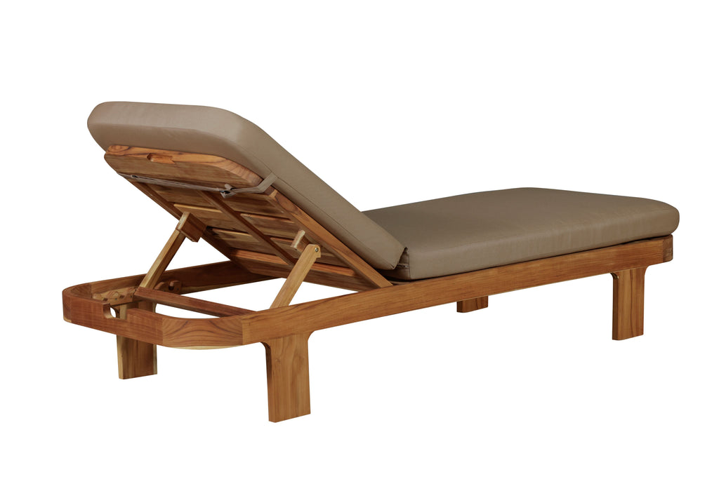 Outdoor teak wood sun lounger with light brown cushions, tilted recline