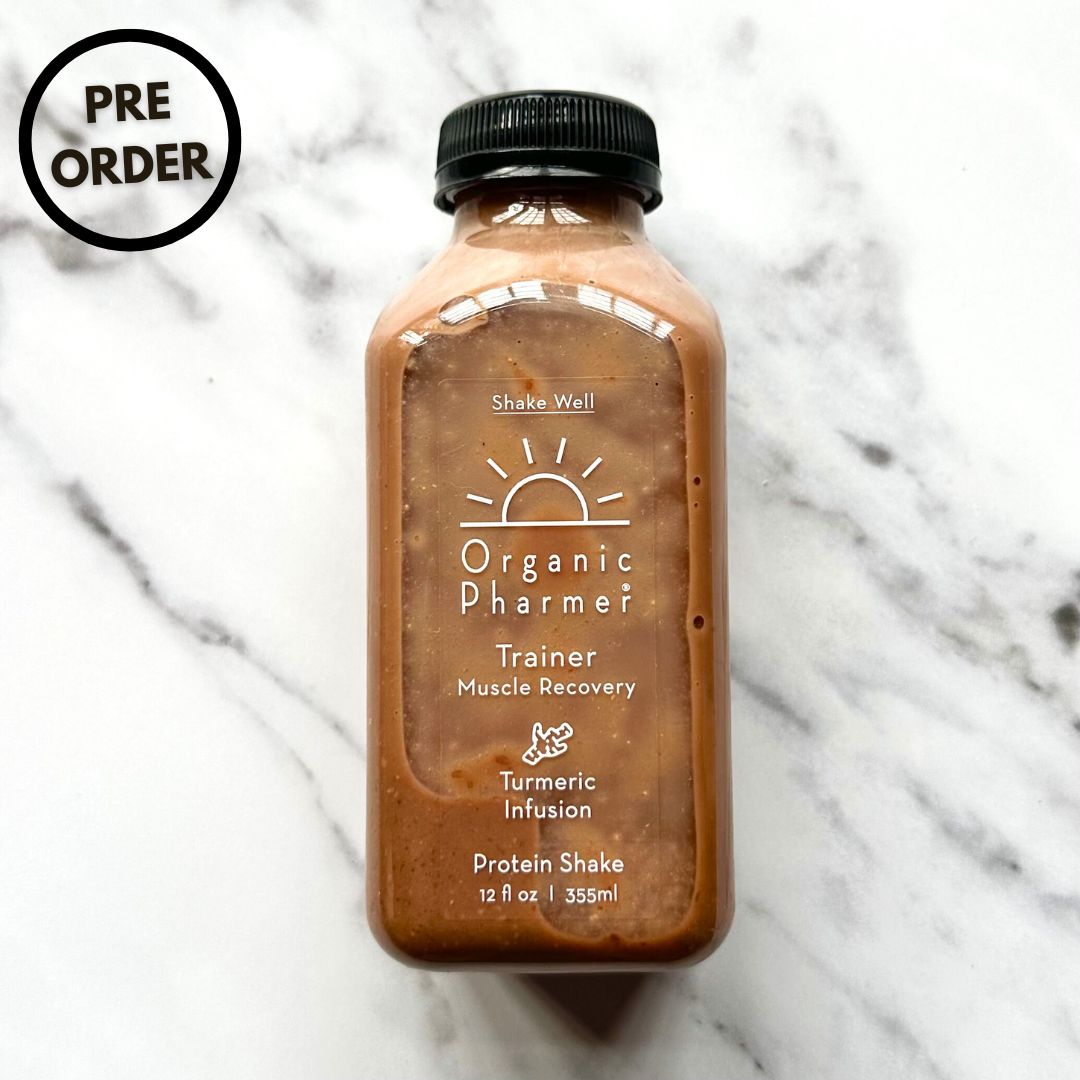 Organic Pharmer Trainer protein shake bottle, turmeric infusion, 12 fl oz label