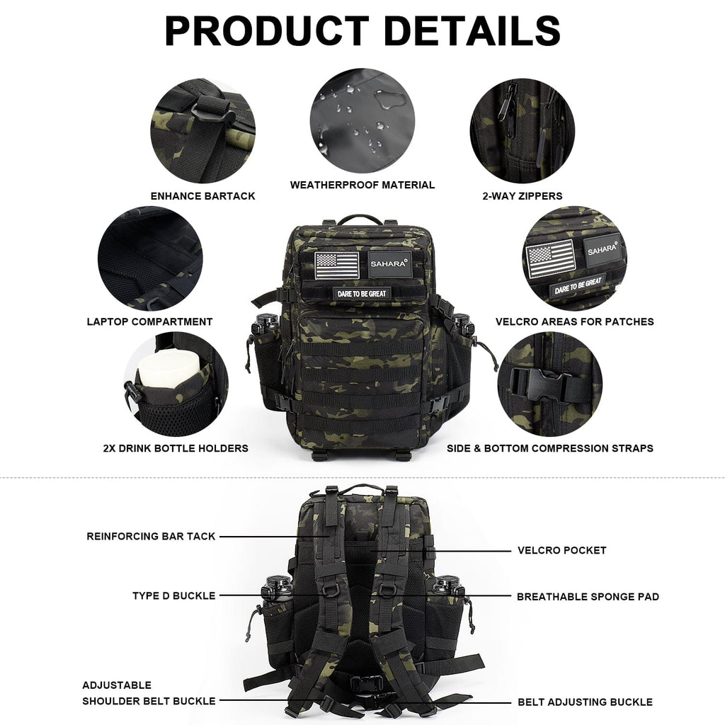 Green and black camouflage travel laptop backpack detail view of zippers and straps