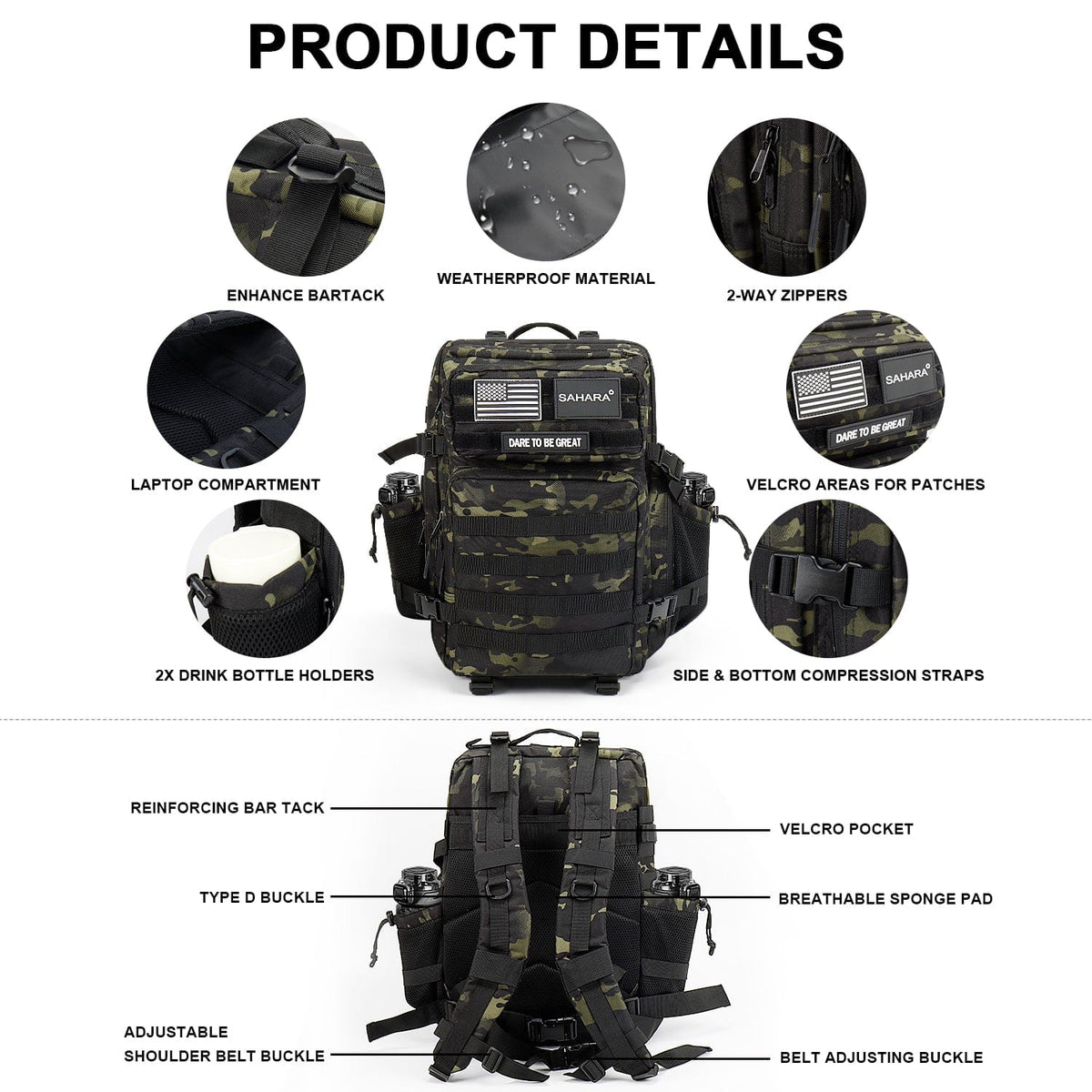 Green and black camouflage travel laptop backpack detail view of zippers and straps