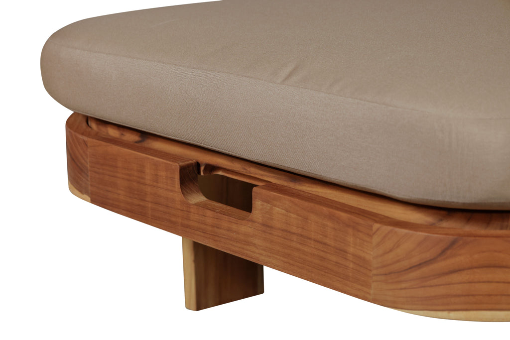 Outdoor teak wood sun lounger end view with light brown cushion
