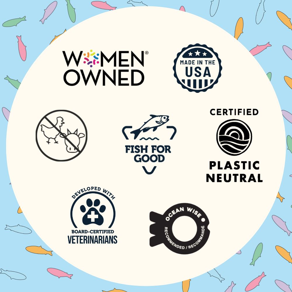 Women-owned USA dog treat label with certification icons