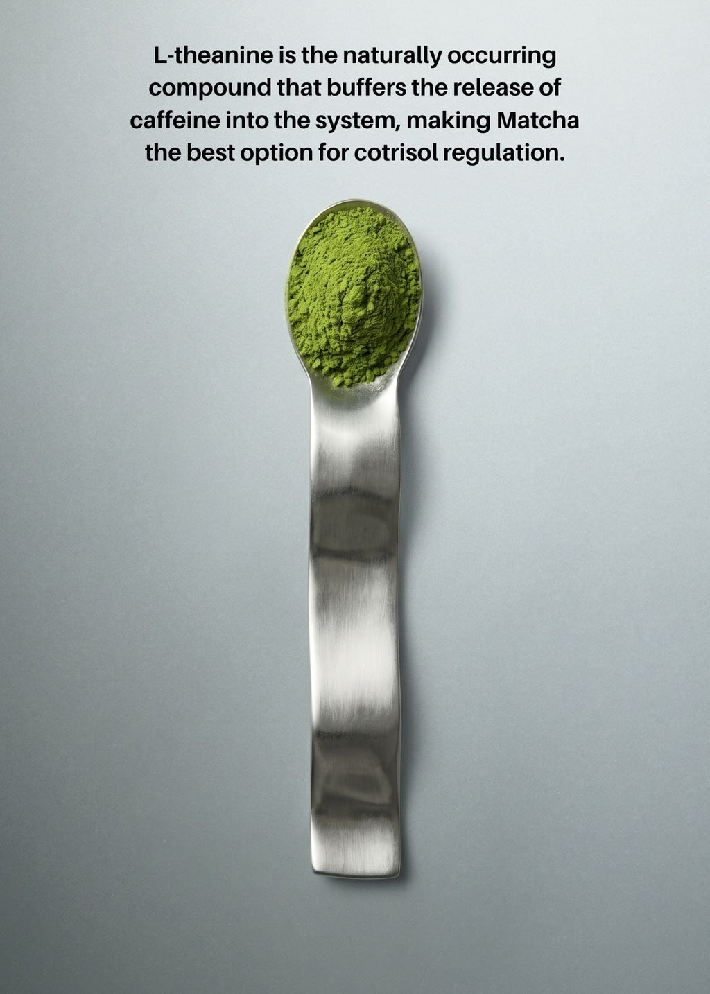 Spoon filled with bright green matcha powder
