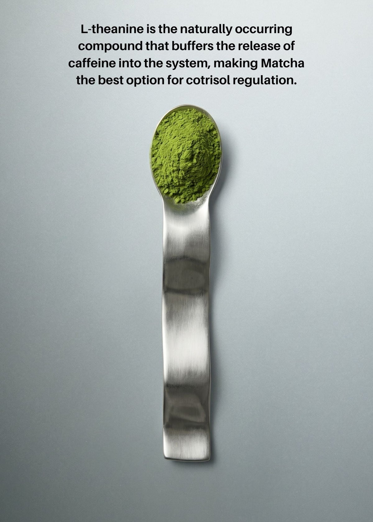 Spoon filled with bright green matcha powder
