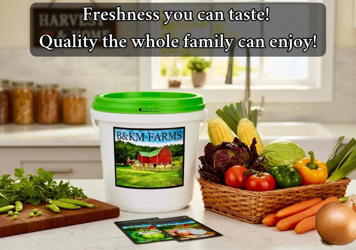 White seed storage bucket with green lid and B&KM Farms label