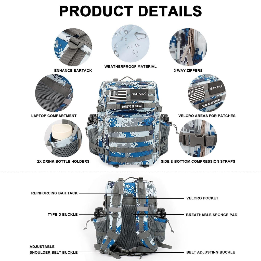 Blue digital camo travel backpack with front patch panel, zippers, and compression straps