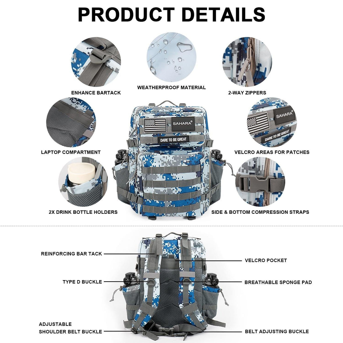 Blue digital camo travel backpack with front patch panel, zippers, and compression straps