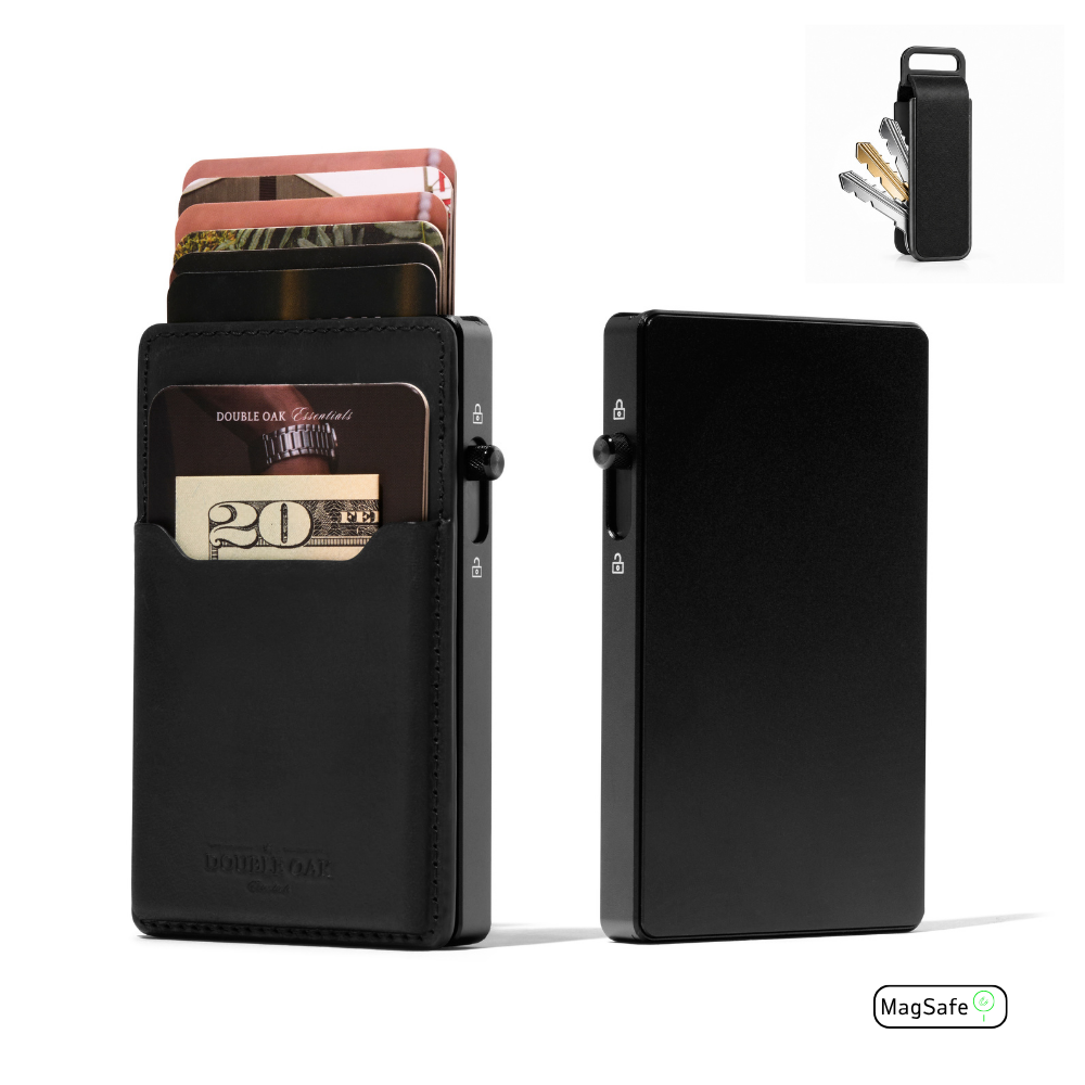 Black leather front card wallet with cash and card slots; includes slim back plate.