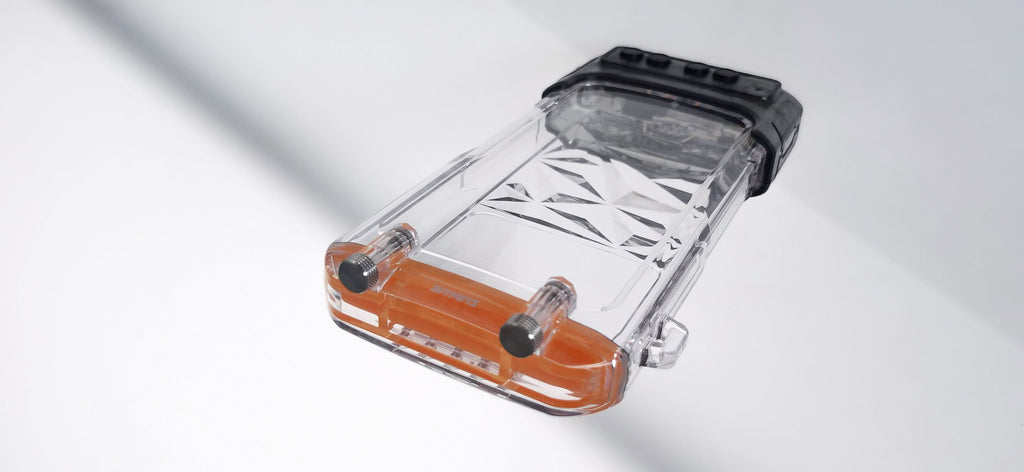 Clear waterproof phone case with orange sealing band and transparent front window