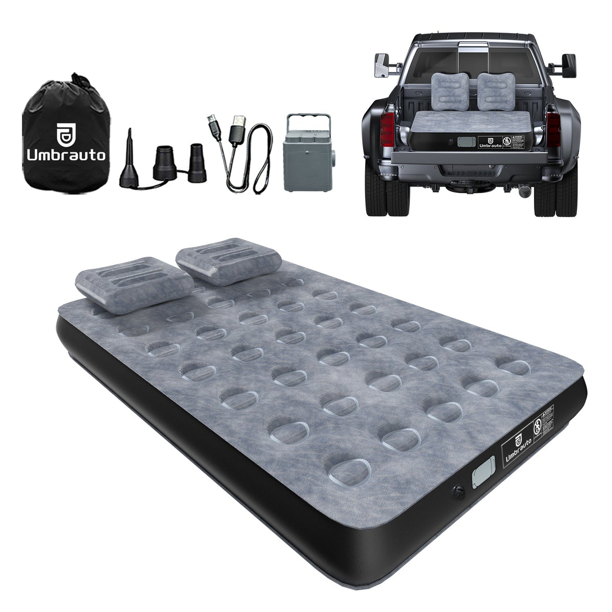Gray pickup truck air mattress with included pump accessories and carrying bag
