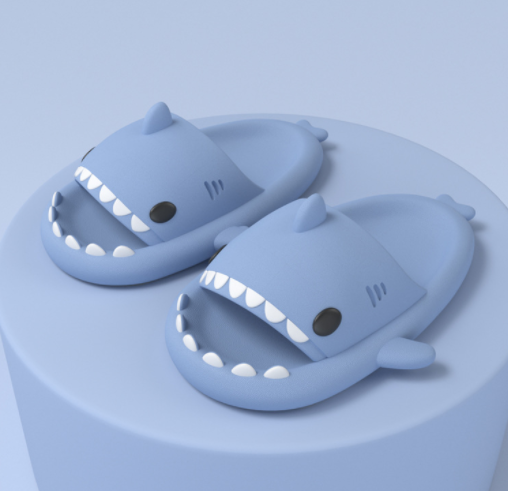 Light blue shark-shaped slide sandals on round platform