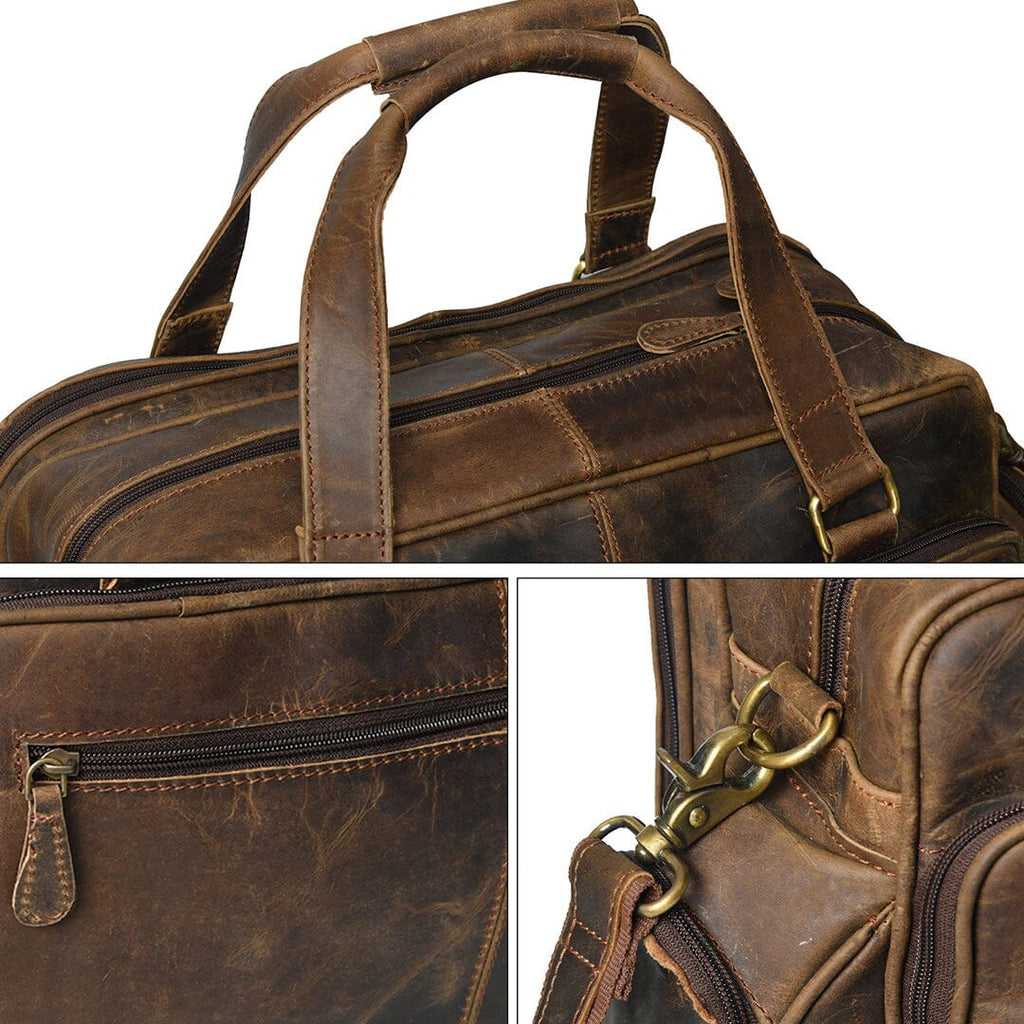 Brown leather briefcase close-up with front zipper and crossbody strap, brass hardware