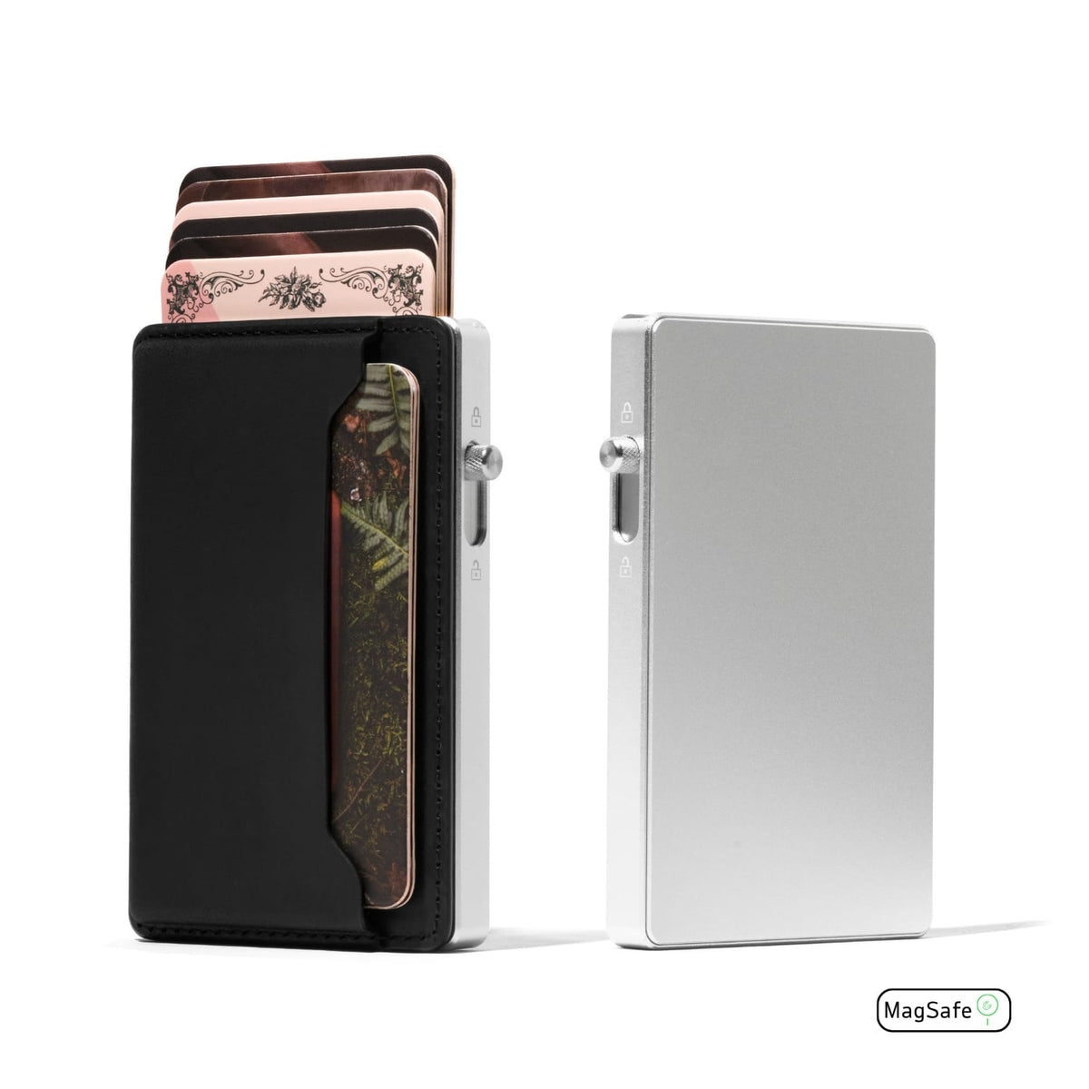 Black leather cardholder wallet with MagSafe and patterned card pocket.