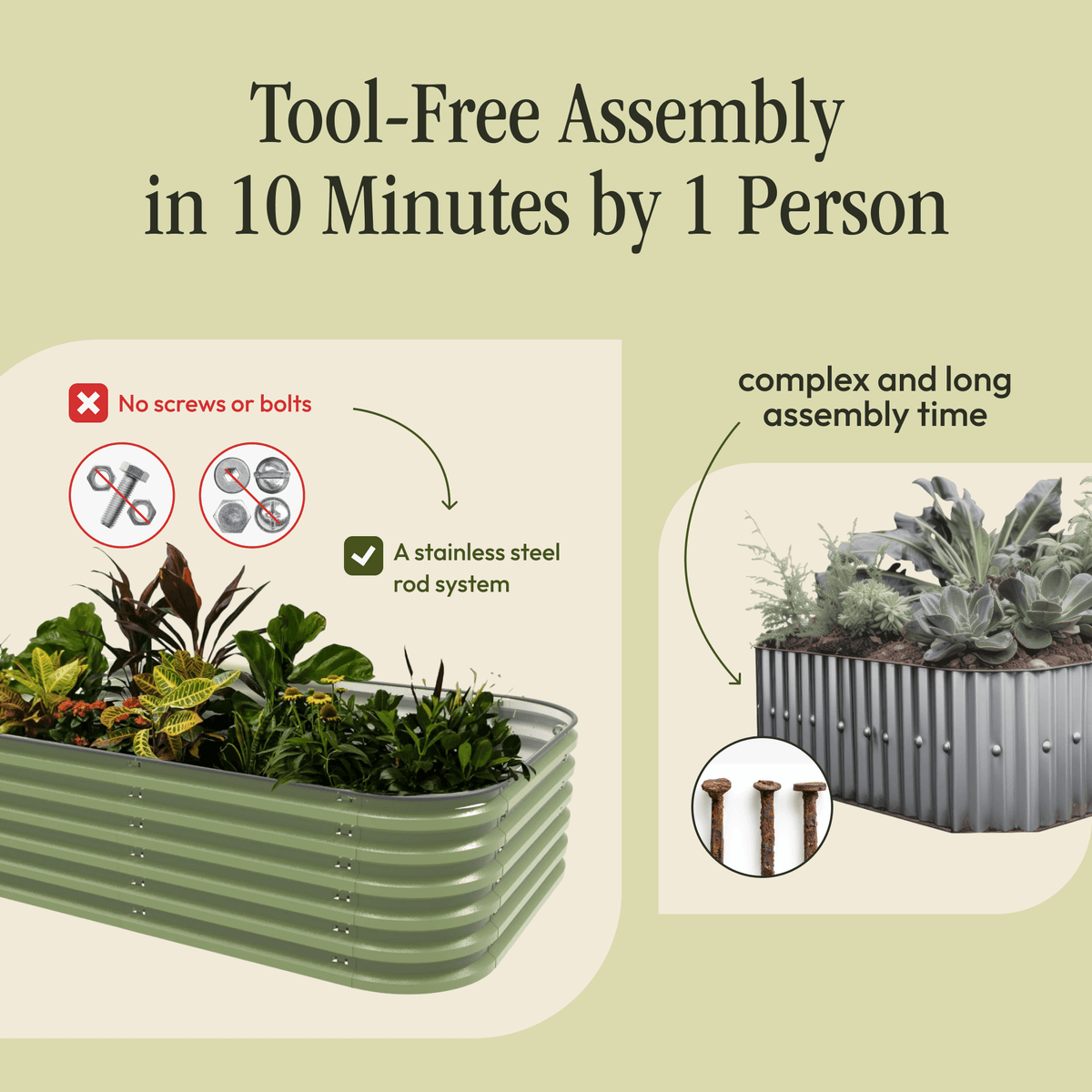 Green metal raised garden bed kit with ribbed frame and rod assembly detail