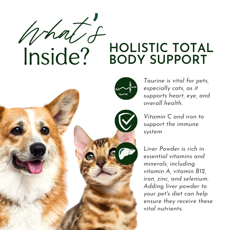 Holistic pet supplement infographic showing ingredients for dogs and cats