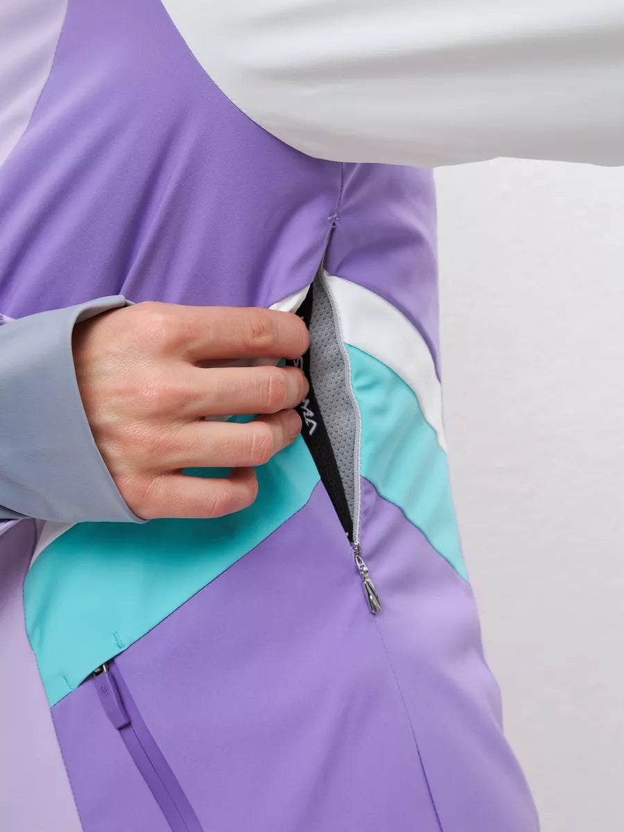 Lilac ski jacket front with concealed pocket and teal lining visible