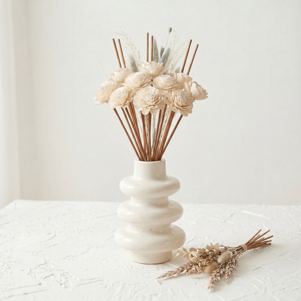 Gypsum white stacked bubble vase reed diffuser with cream floral and reed sticks