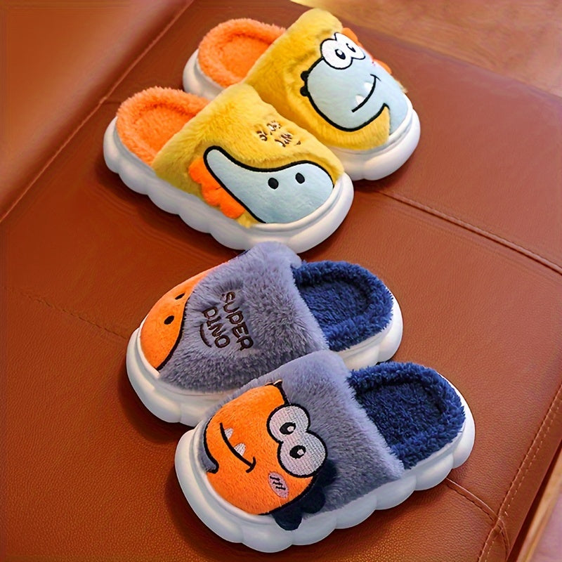 Girls' dinosaur slippers, plush pair in yellow and dark blue with orange dino face
