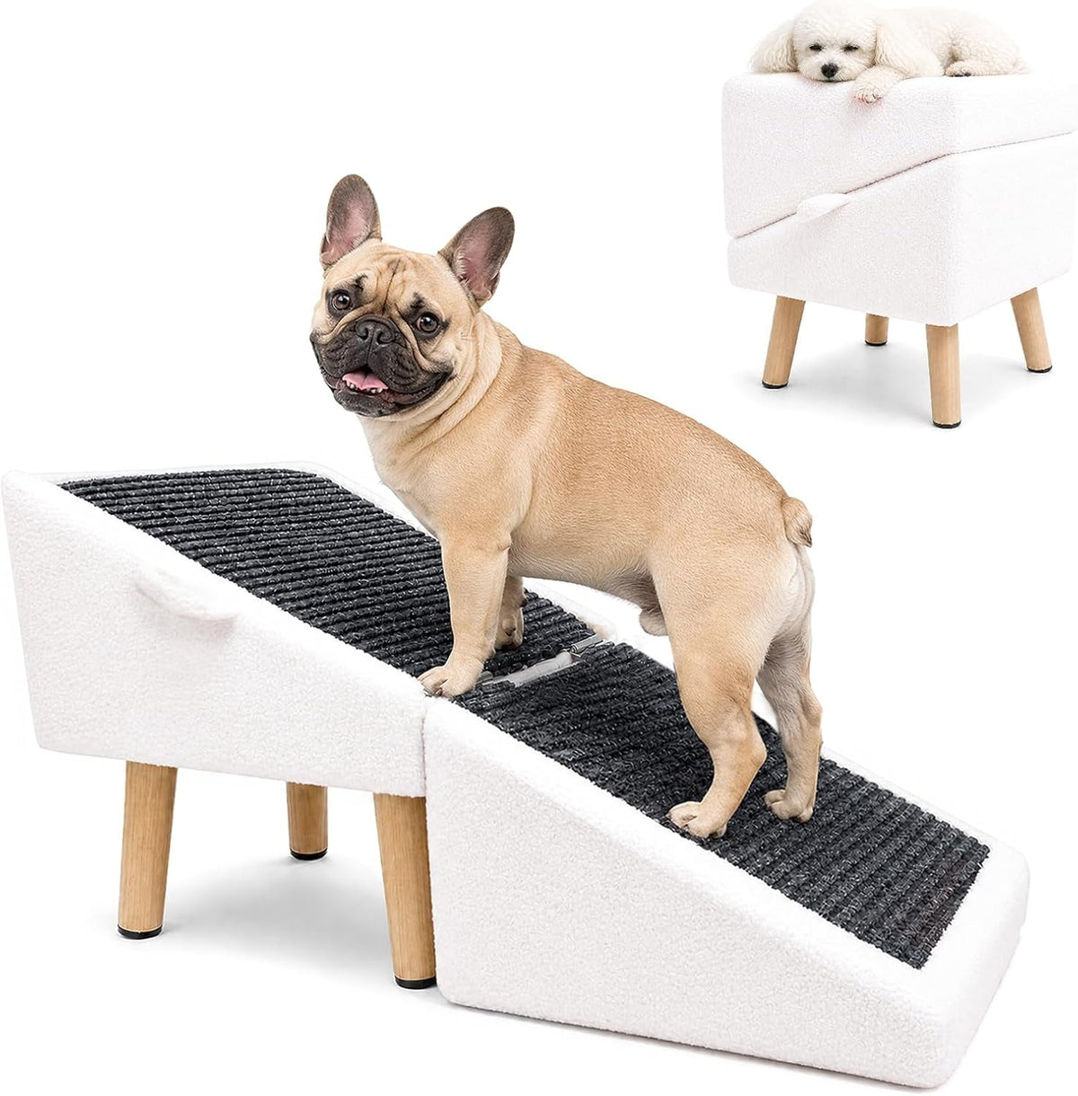 White dog ramp ottoman with dark ribbed tread, shown supporting a dog