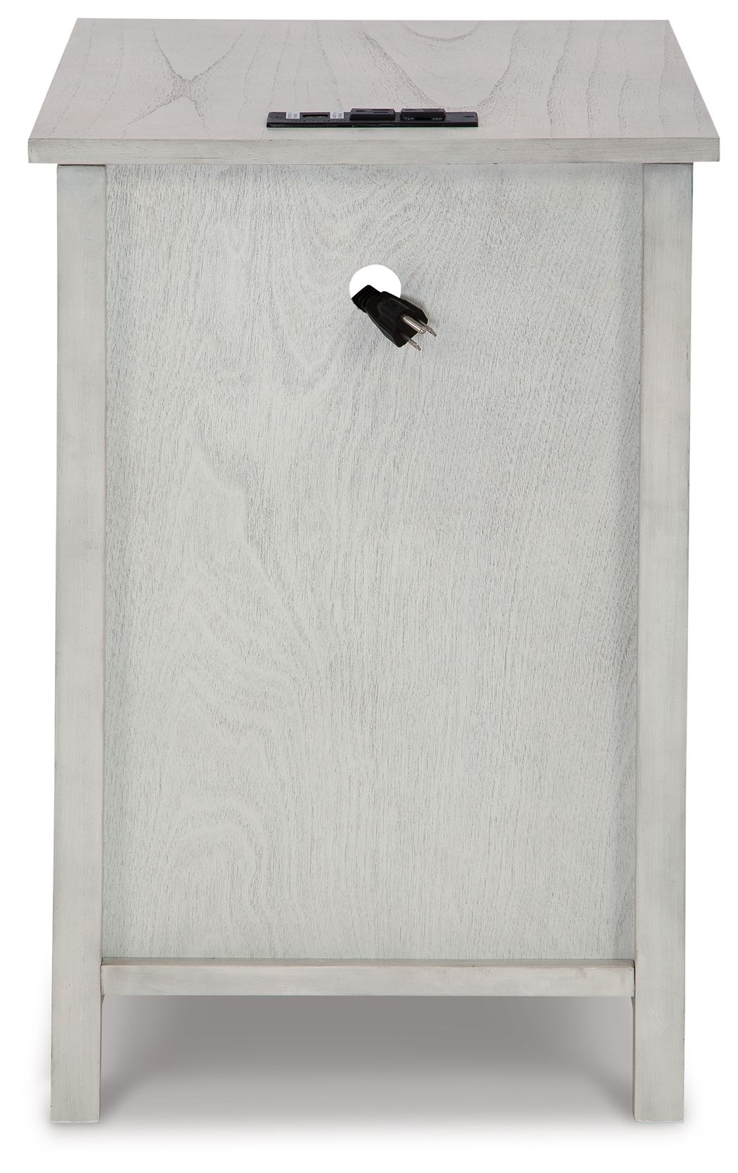 Light wood chair side end table with single cabinet door, top slot, and knob