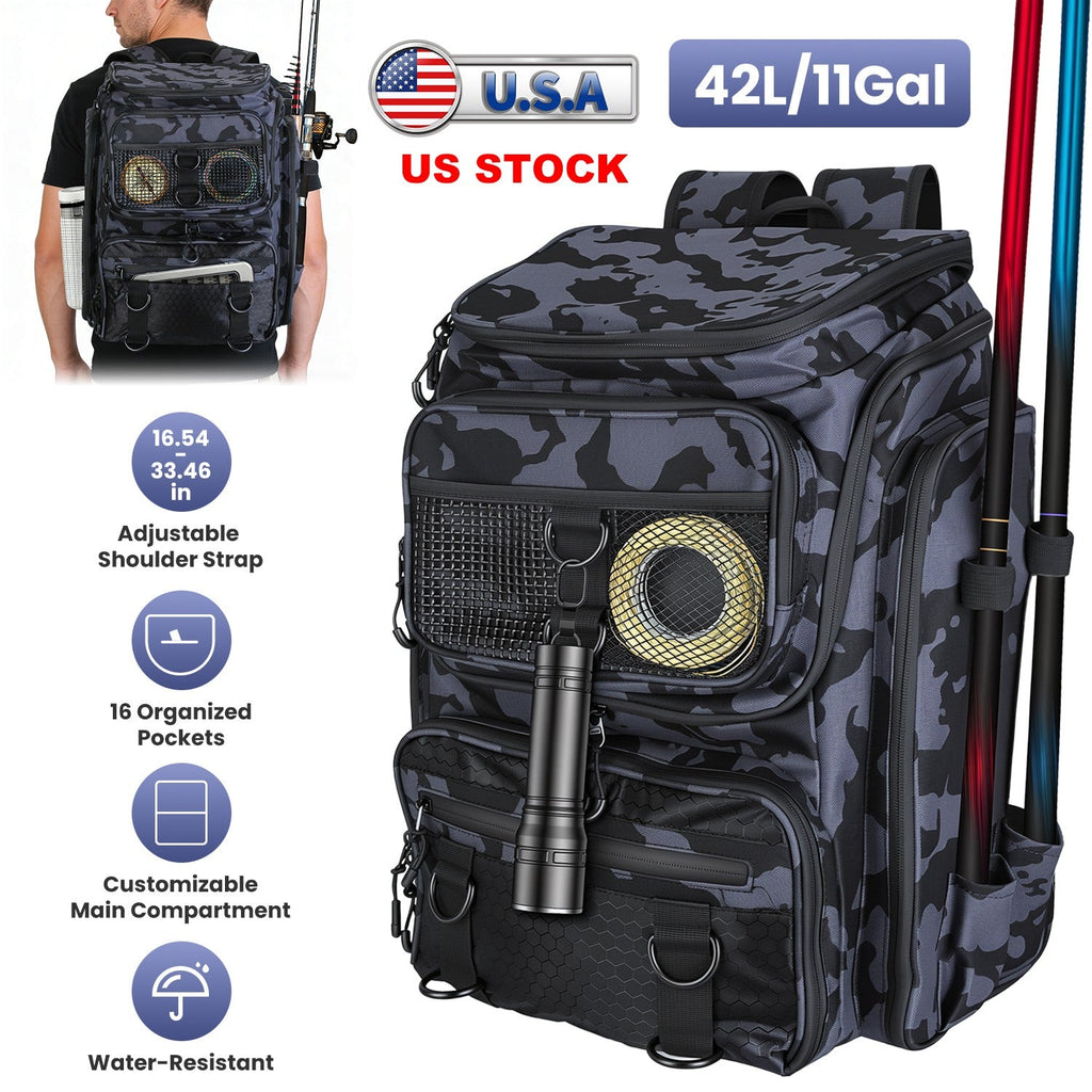 Camo fishing tackle backpack with rod holders, front mesh pocket, and organized zip compartments