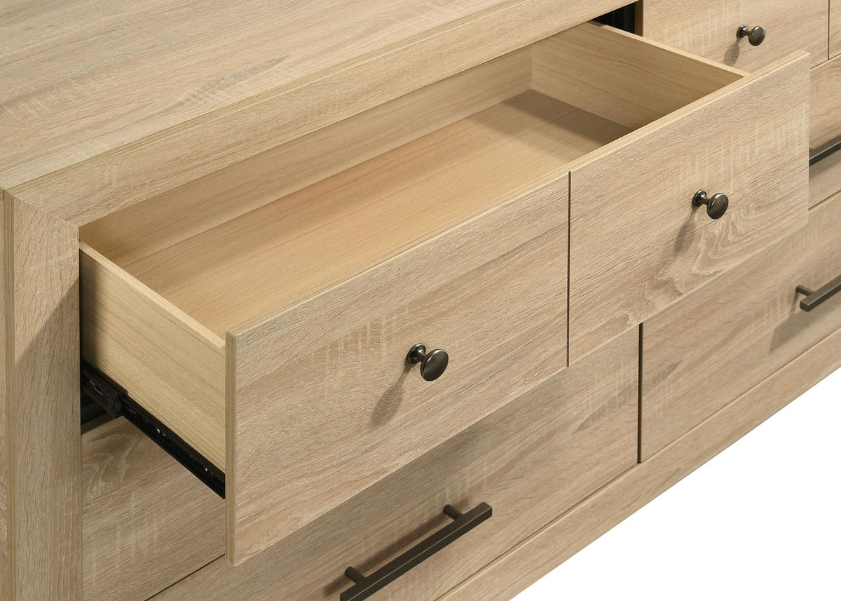 Light oak dresser drawer front and open interior with black knob and bar pull