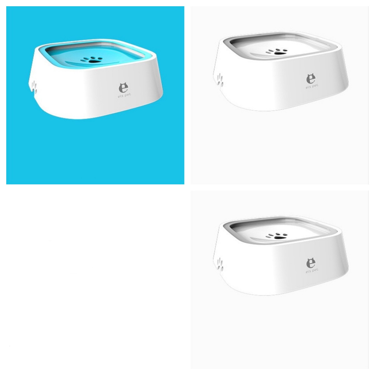 White pet water bowl in blue and gray inner tray variations, shown from different angles